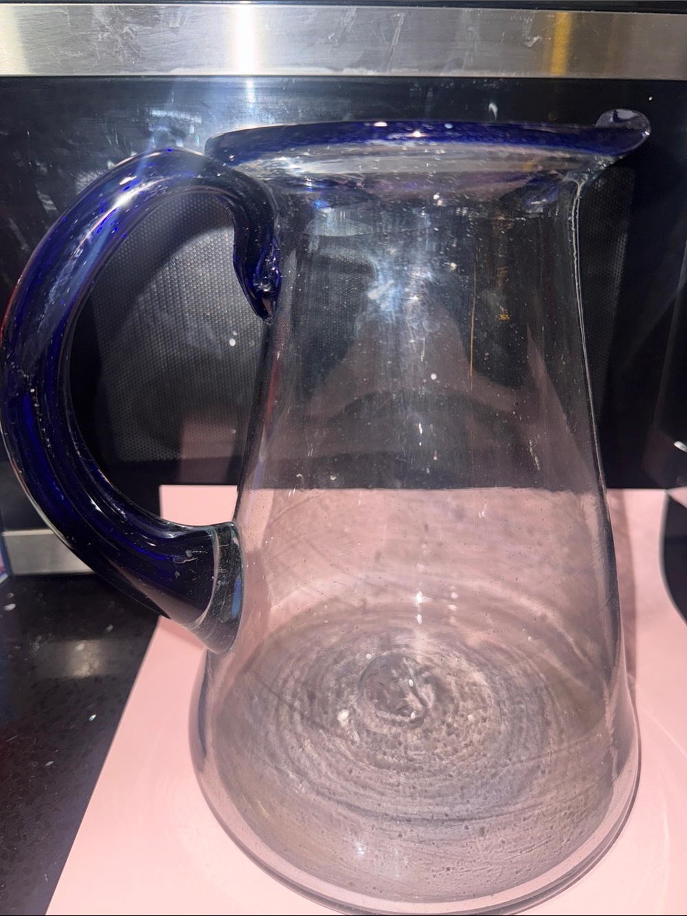 Handblown Clear Glass Pitcher with Cobalt Blue Rim and Handle